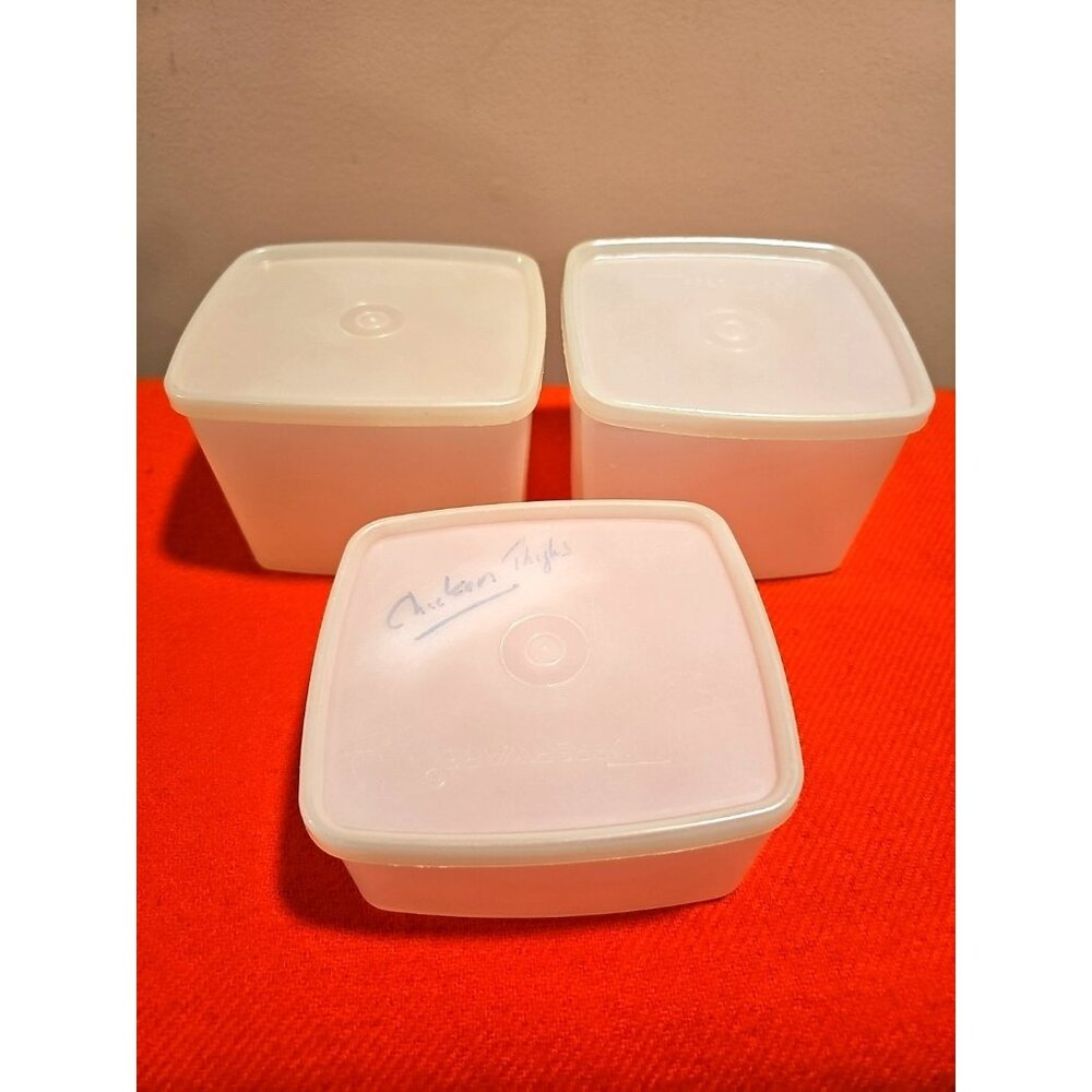 Vtg Set of 3 Tupperware Freezer Mates Container Sheer Almond Lid 80s 90s y2k